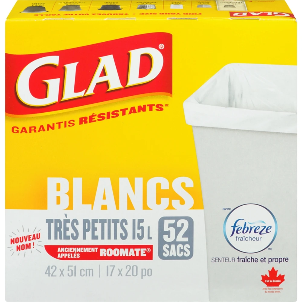 Très petits sacs à ordures blancs avec senteur fraîche et propre de Febreze fraîcheur, sacs à ordures de 15 L