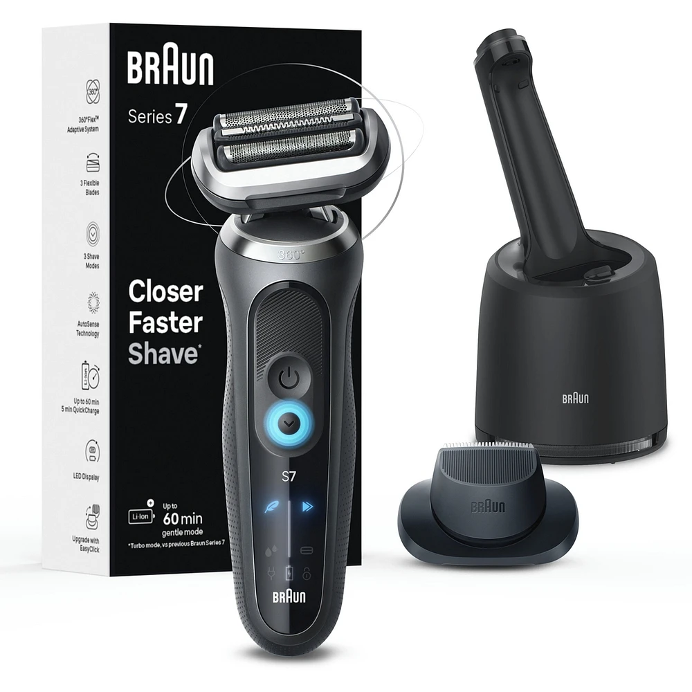 Rasoir électrique Braun pour hommes, Series 7 7171cc, peau sèche & mouillée, modes de rasage turbo et en douceur, rasoir à grille étanche, conçu en Allemagne, centre SmartCare Clean & Charge, inclus, avec tondeuse de précision, gris cosmique