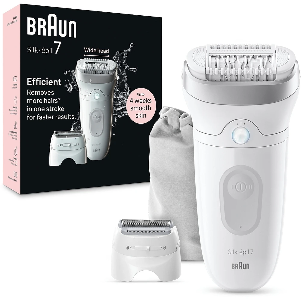 Braun Silk-épil 7 Epilator, Wet and Dry, Wide Head, Includes Shaver Head and Trimmer Comb, SE7-041, Silver