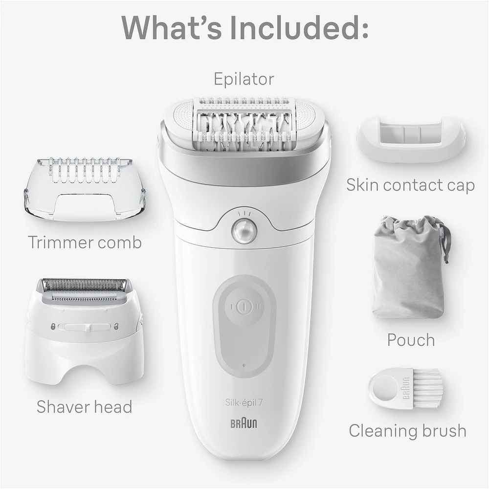 Braun Silk-épil 7 Epilator, Wet and Dry, Wide Head, Includes Shaver Head and Trimmer Comb, SE7-041, Silver