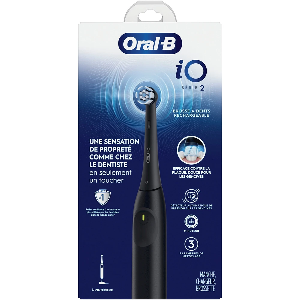 Brosse à dents électrique rechargeable iO Série 2, noir minuit avec 1 brossette soins doux – Capteur automatique de pression pour protéger les gencives – 3 modes – Minuterie de 2 minutes