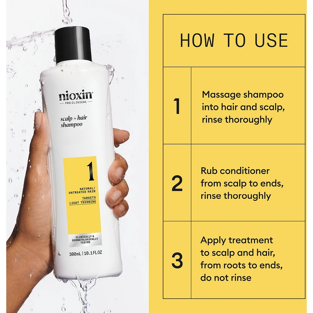 Shampooing épaississant pour le cuir chevelu et les cheveux System 1 de Nioxin – naturels légèrement clairsemés, 500 mL