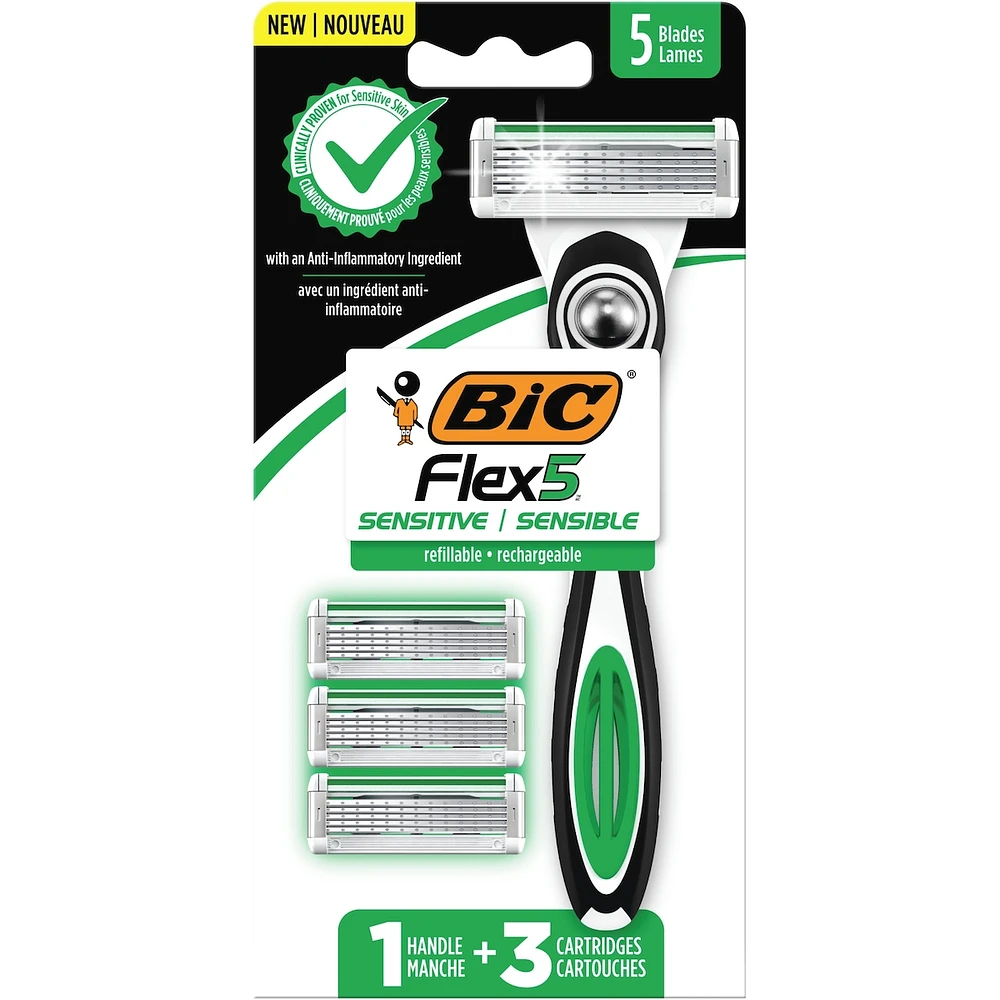 BIC Flex 5 Sensitive le Rasoir Pour Hommes, Rasoir Confortable, 1 Poignée et 3 Cartouches