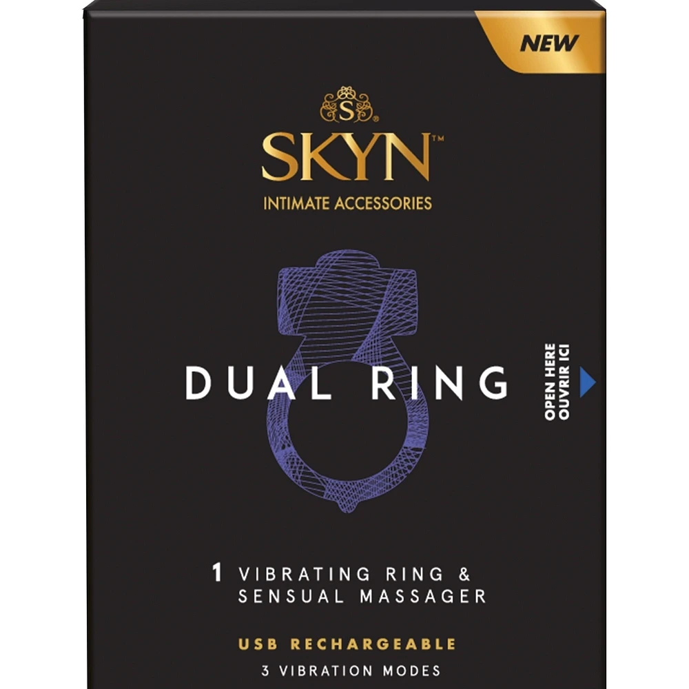 Anneau vibrant double 1 de SKYN et masseur sensuel, texture striée, 3 vitesses variables, rechargeable.