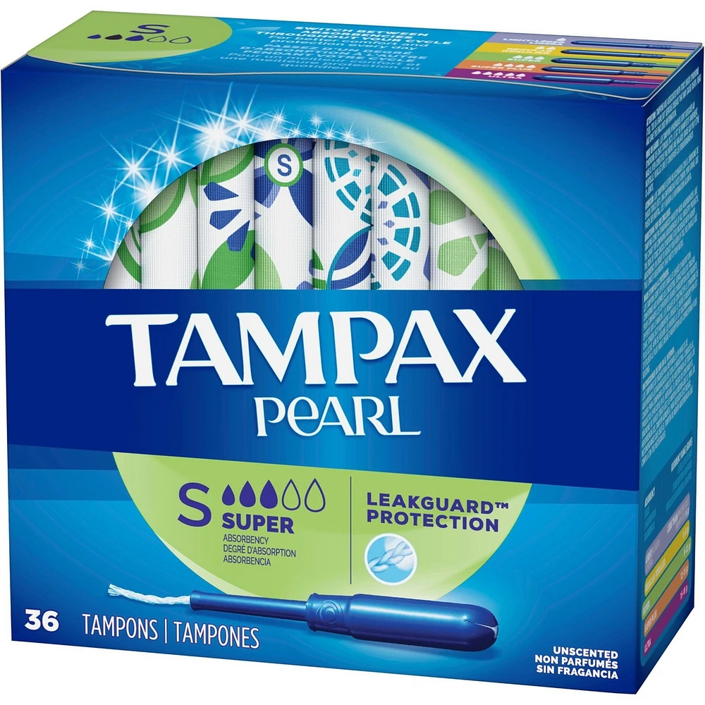 Tampons Tampax Pearl avec tresse anti-fuites LeakGuard et applicateur en plastique sans BPA, degré d’absorption super, non parfumés, 36 tampons