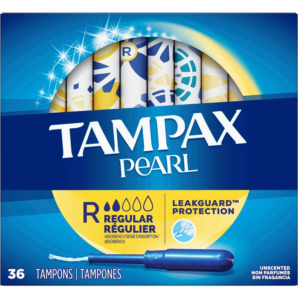 Tampons Tampax Pearl avec tresse anti-fuites LeakGuard et applicateur en plastique sans BPA, degré d’absorption régulier, non parfumés, 36 tampon