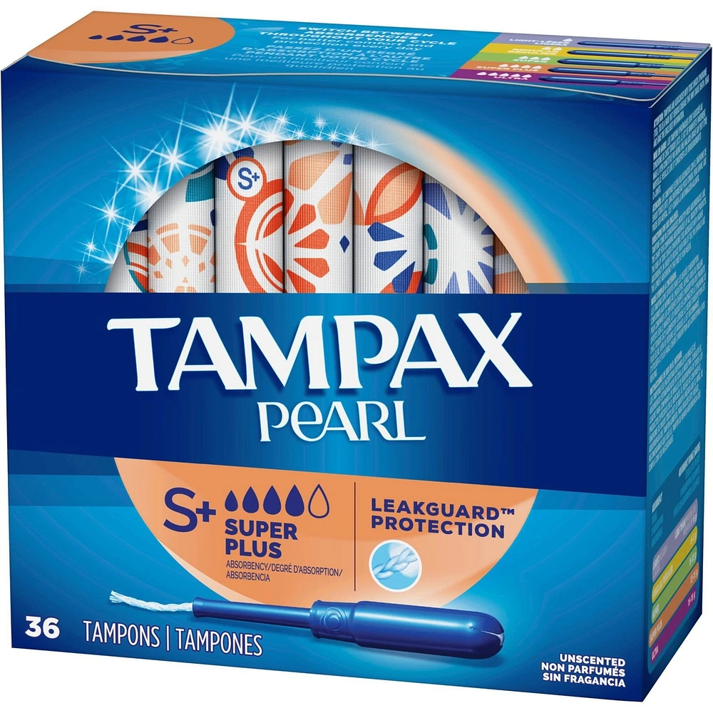 Tampons Tampax Pearl avec tresse anti-fuites LeakGuard et applicateur en plastique sans BPA, degré d’absorption super plus, non parfumés, xx tampons