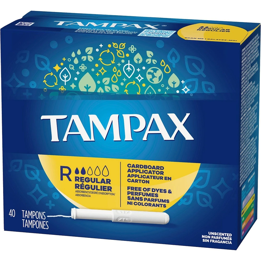 Tampons Tampax avec applicateur en carton, degré d’absorption régulier, embout facile à saisir, jupette anti-fuites LeakGuard, non parfumés, 40 u