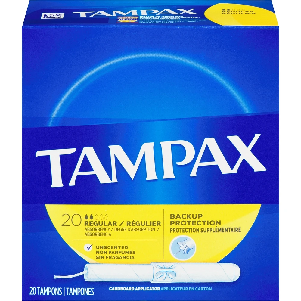 Tampons TAMPAX avec applicateur en carton, Régulier, non parfumés, 20 tampons