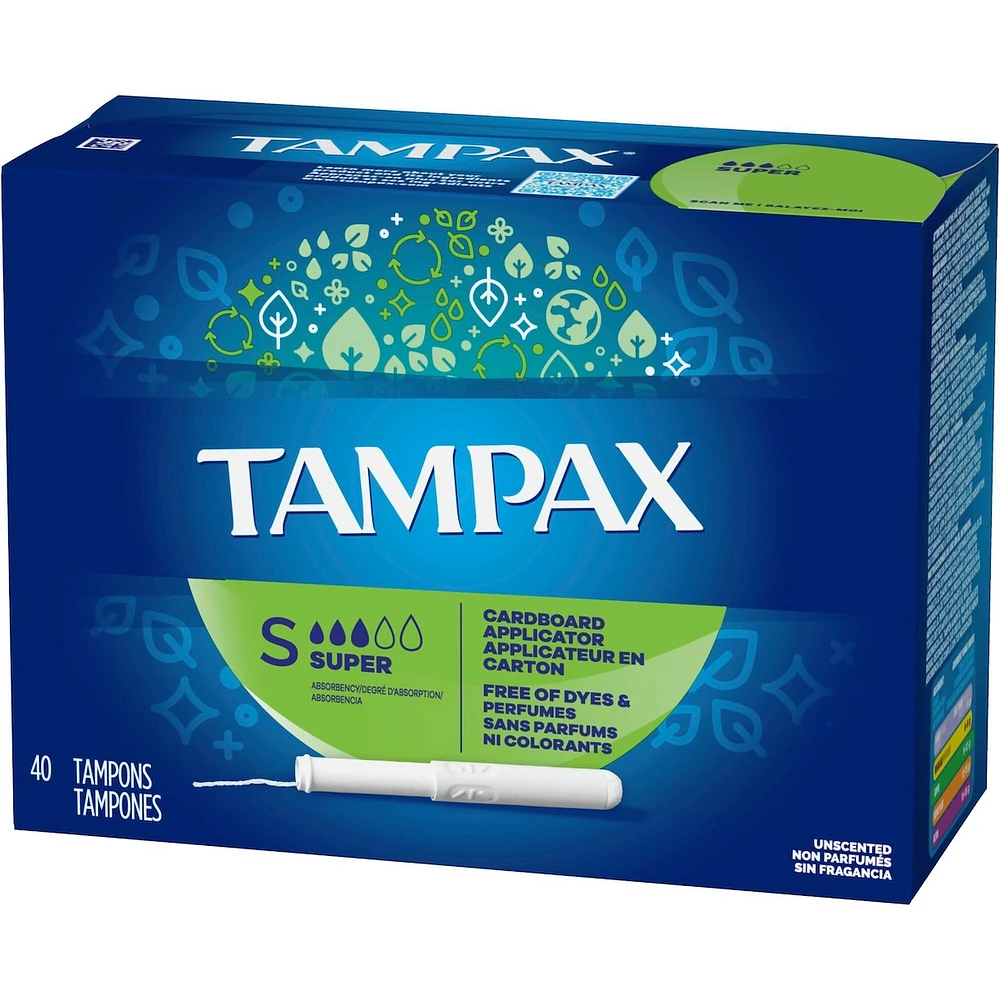 Tampons Tampax avec applicateur en carton, degré d’absorption super, embout facile à saisir, jupette anti-fuites LeakGuard, non parfumés, 40 tampons