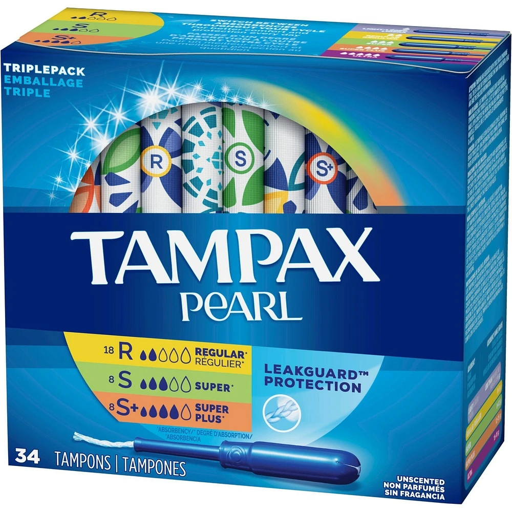 Tampons Tampax Pearl avec tresse anti-fuites LeakGuard, emballage triple, degré d’absorption régulier/super/super plus, non parfumés, 34 tampons
