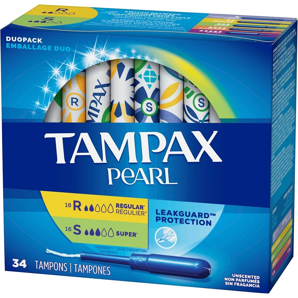 Tampons Tampax Pearl avec tresse anti-fuites LeakGuard, emballage duo, degré d’absorption régulier/super, non parfumés, 34 tampons