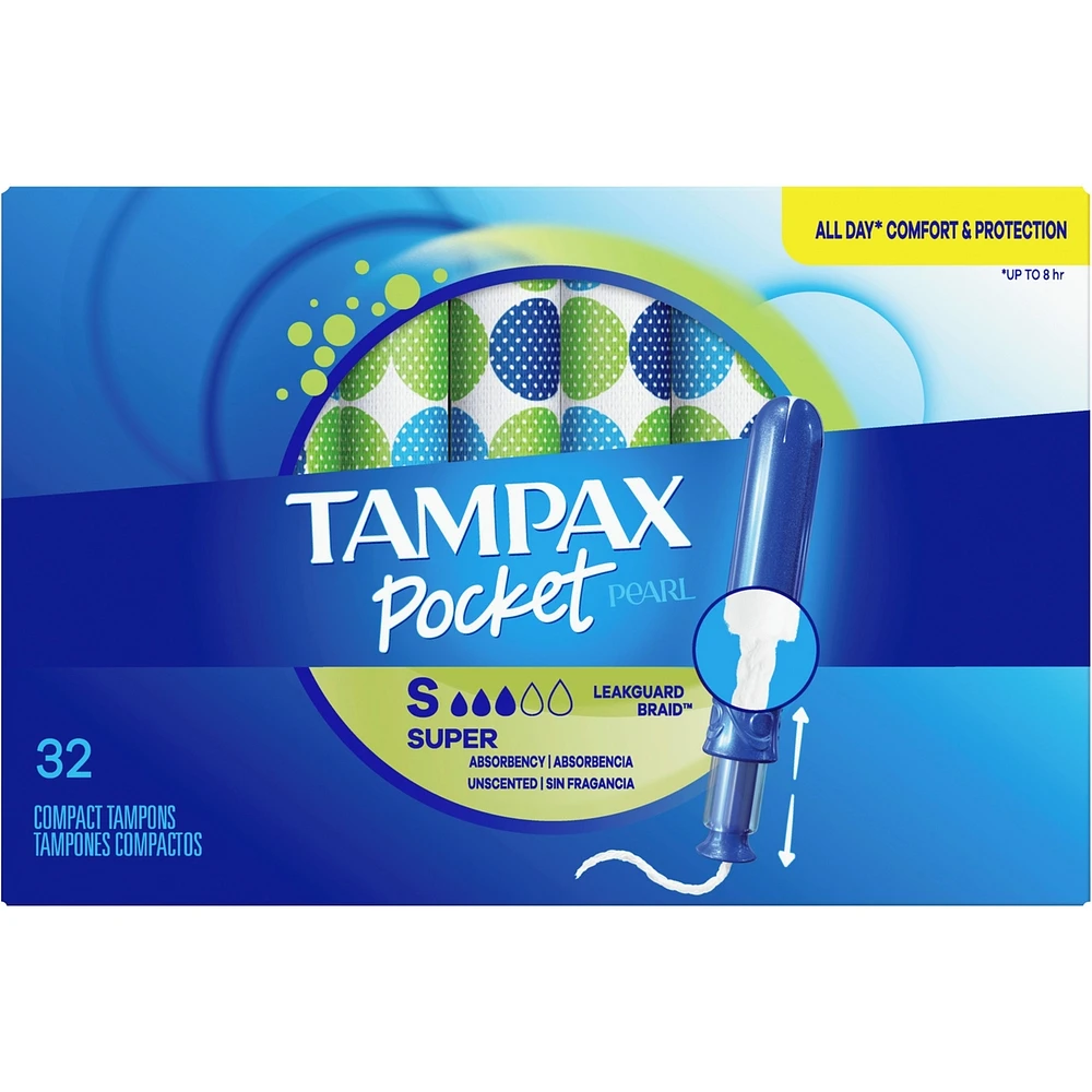 Tampons Tampax Pocket Pearl compacts avec tresse anti-fuites LeakGuard et applicateur en plastique sans BPA, degré d’absorption super, non parfumés