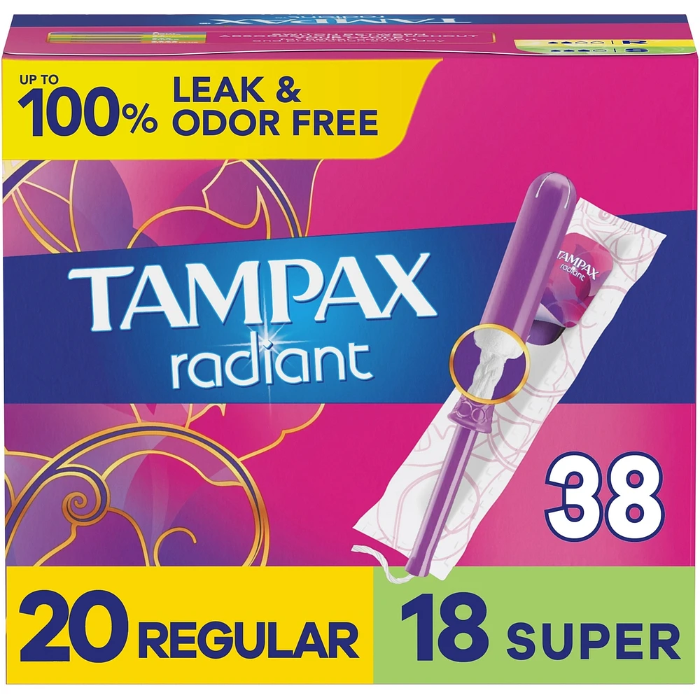 Tampons Radiant avec tresse anti-fuites LeakGuard, degré d’absorption régulier/super, emballage duo, non parfumés