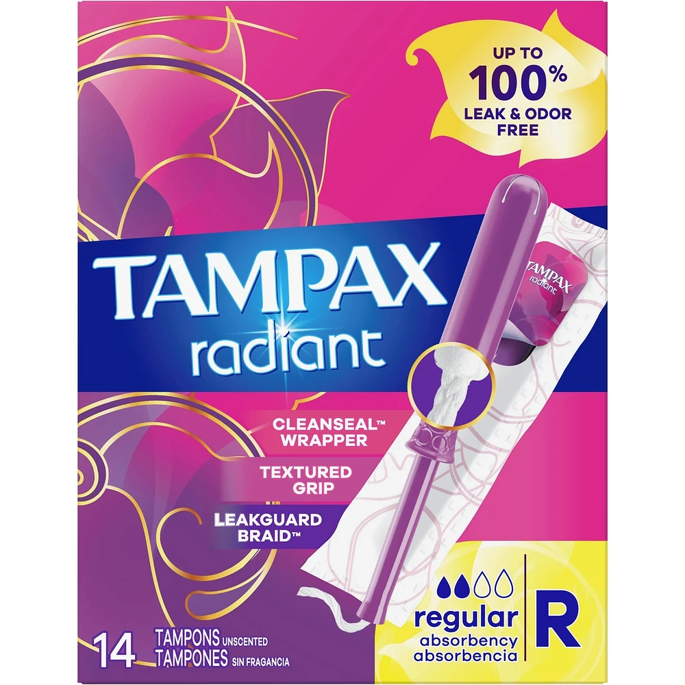 Tampons Radiant avec tresse anti-fuites LeakGuard et applicateur en plastique sans BPA, degré d’absorption régulier, non parfumés, 14 tampons