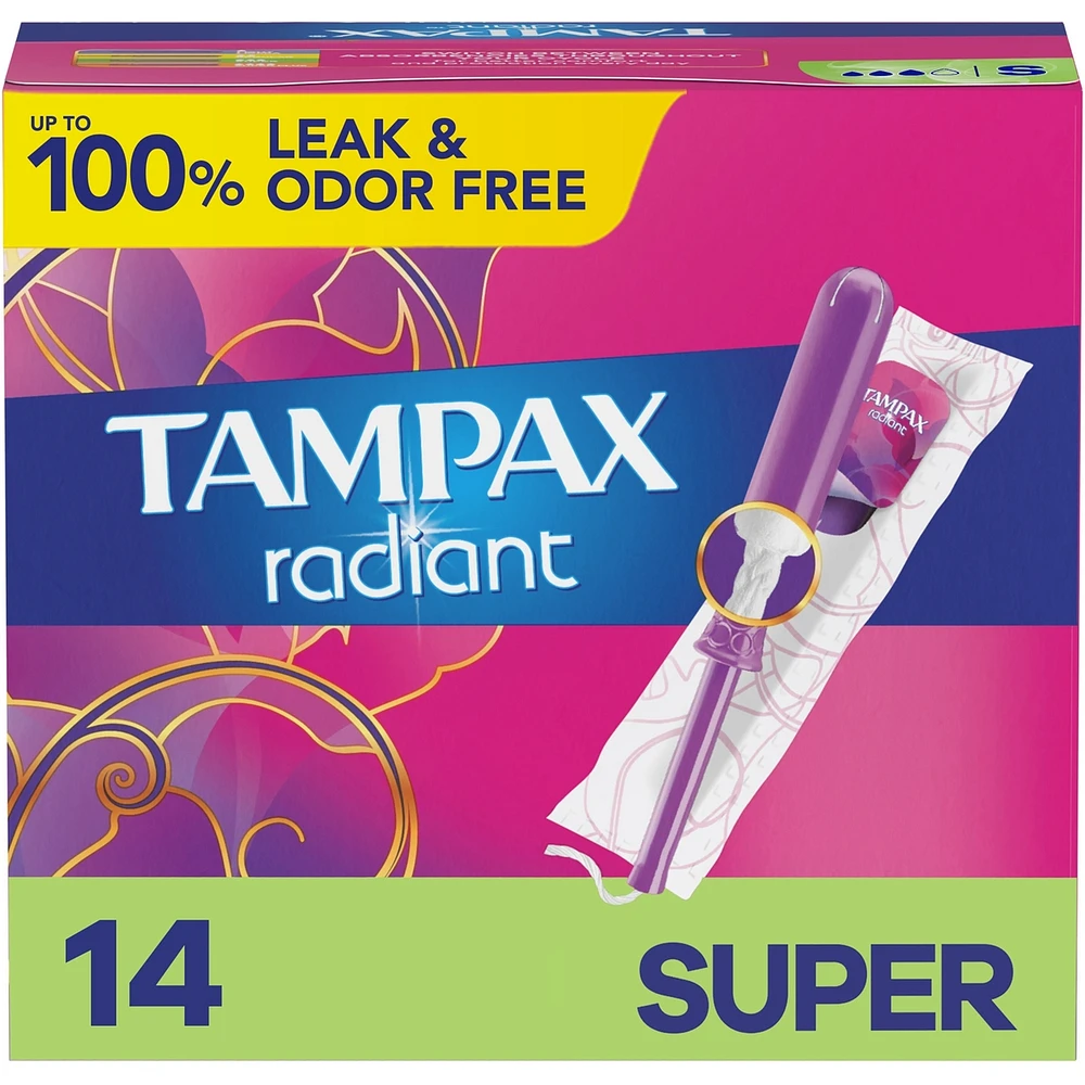 Tampons Tampax Radiant avec tresse anti-fuites LeakGuard, degré d’absorption super, non parfumés