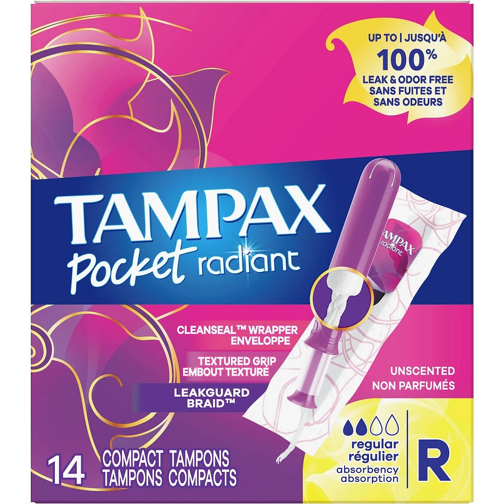 Tampons Tampax Pocket Radiant compacts avec tresse anti-fuites LeakGuard et applicateur en plastique sans BPA, régulier