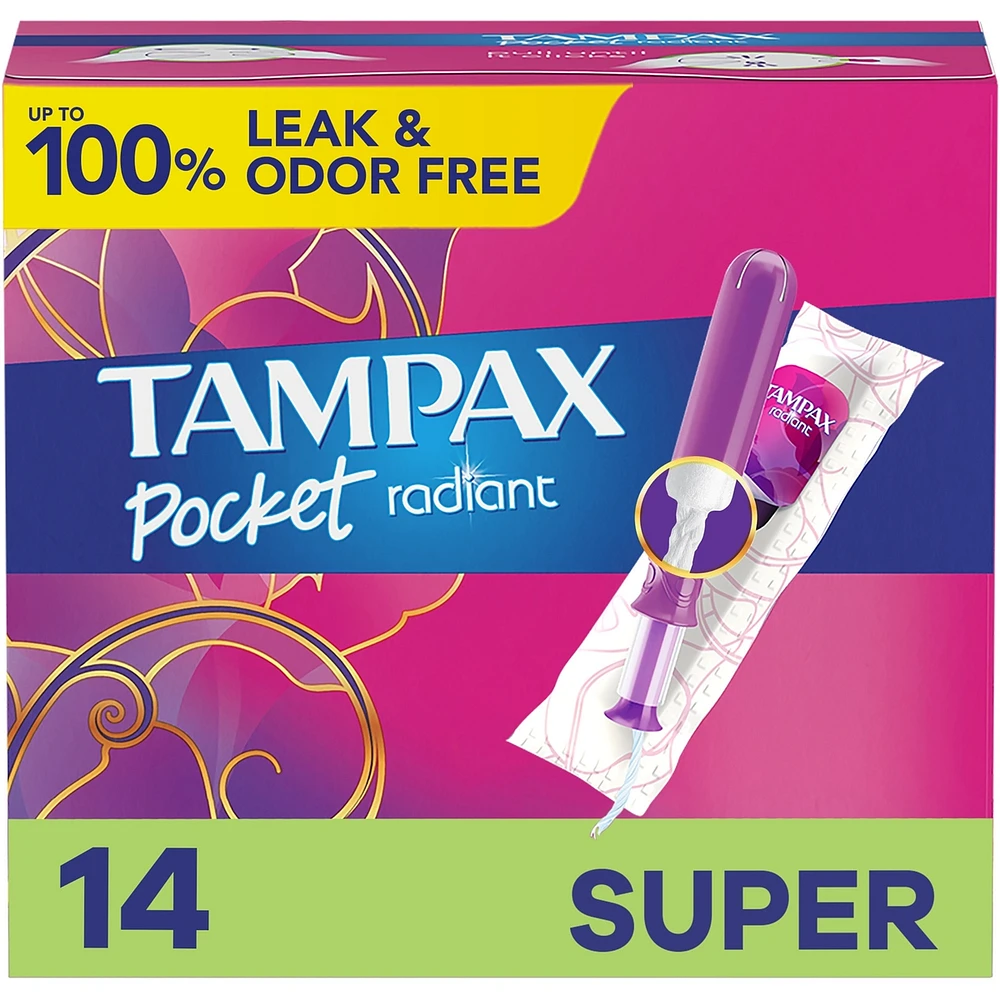 Tampons Tampax Pocket Radiant compacts avec applicateur en plastique et tresse anti-fuites LeakGuard, super, non parfumés