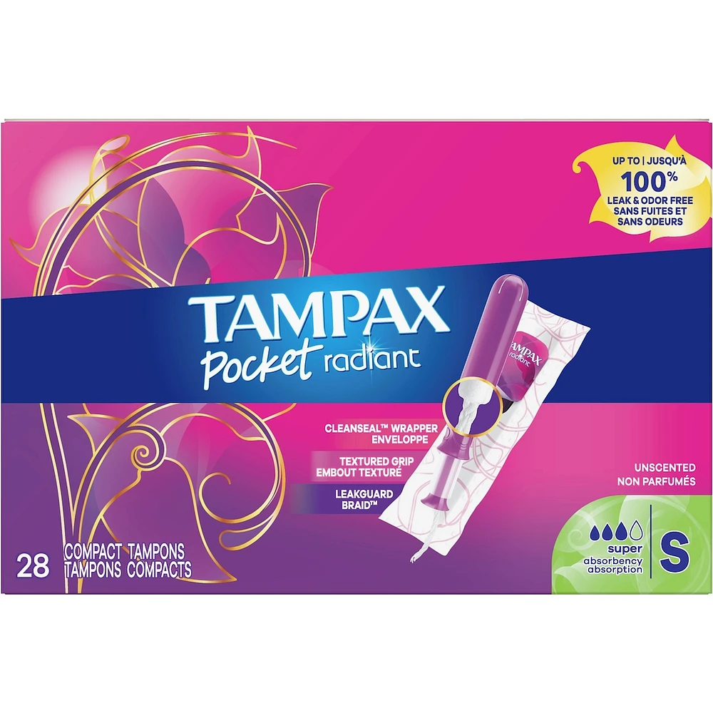 Tampons Pocket Radiant compacts, applicateur en plastique et tresse anti-fuites LeakGuard, degré d’absorption super, non parfumés
