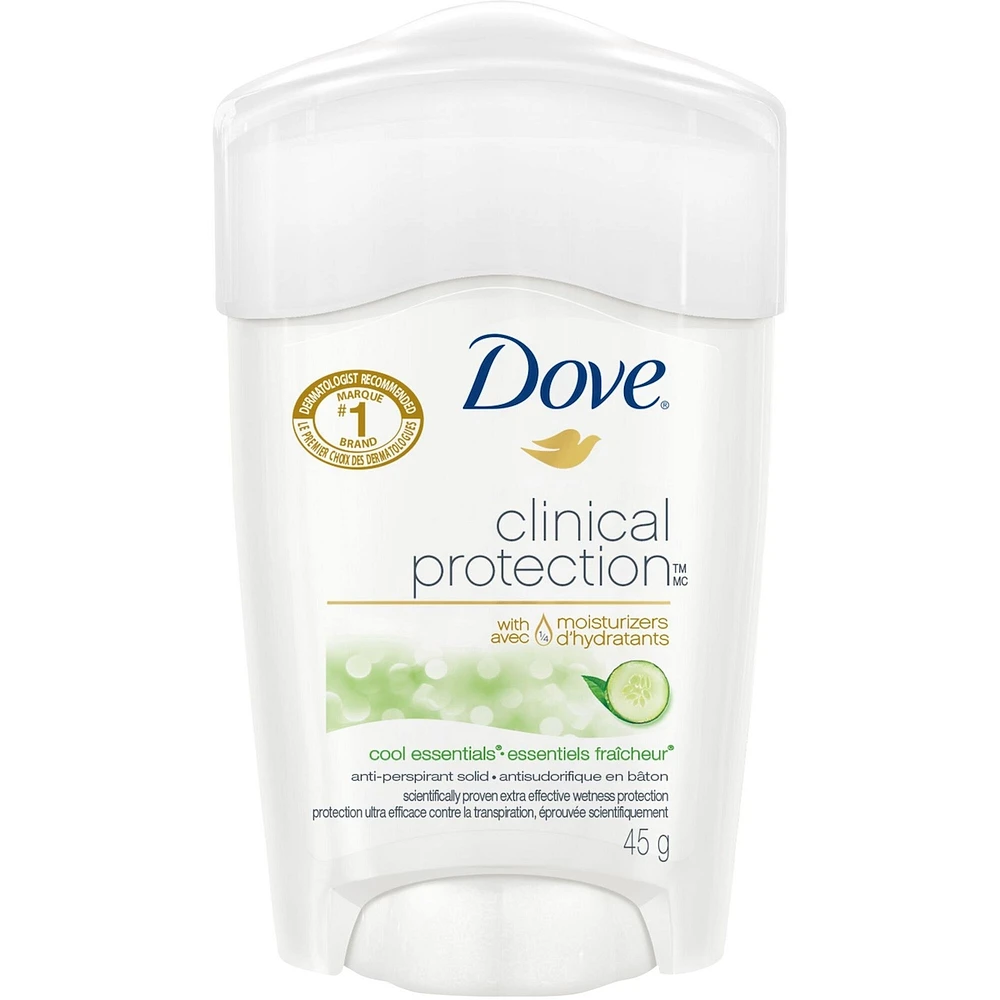 Antisudorifique en bâton pour peaux sensibles Dove Protection Clinique Essentiels Fraîcheur protection antibactérienne contre les odeurs 45 g