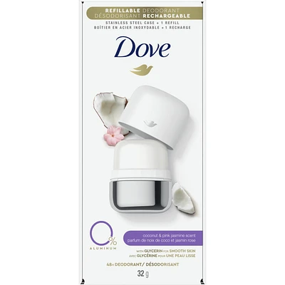 Dove 0% Aluminum Refillable Deodorant Starter Kit for 48 hour odour protection Coconut & Pink Jasmine aluminum-free deodorant for women 32g