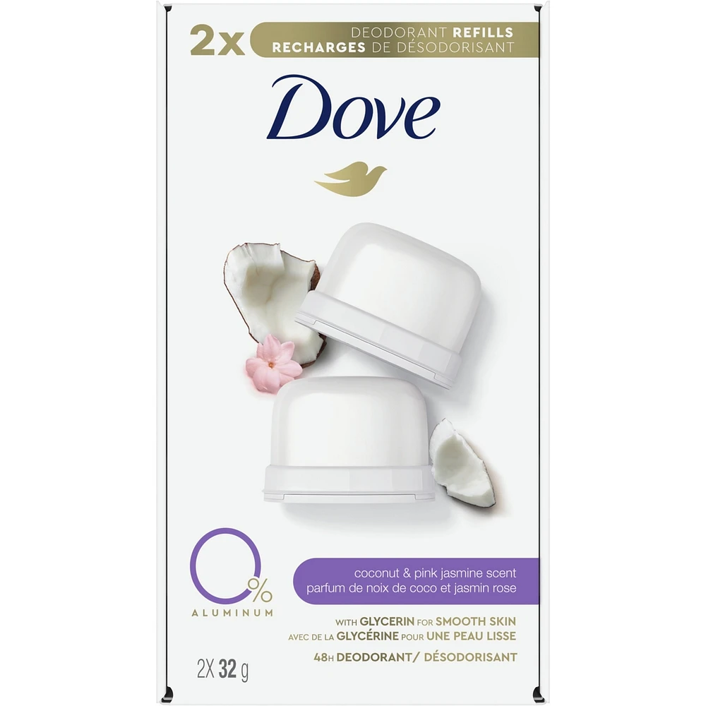Recharges de Désodorisant pour 48 h de protection anti-odeurs Dove 0 % Aluminium Coconut & Pink Jasmine désodorisant sans aluminium pour femmes 32 g Lot de 2