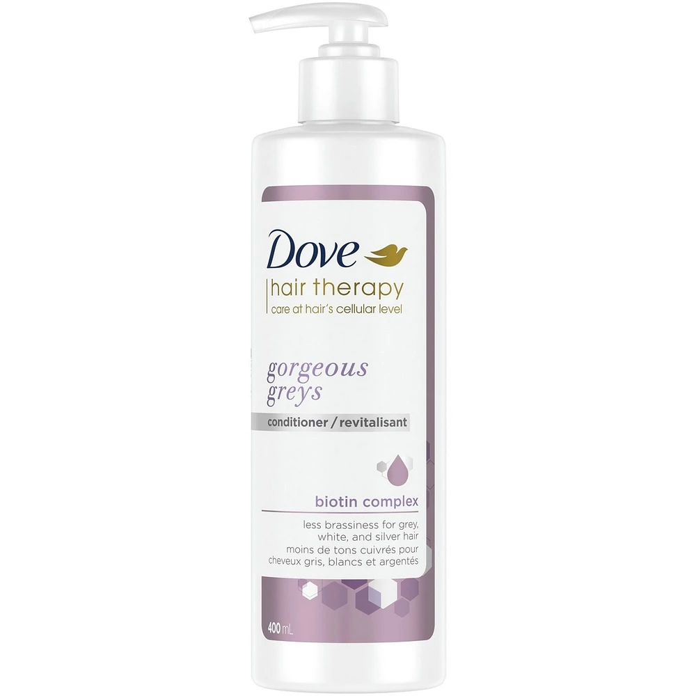 Revitalisant Violet pour cheveux gris, blancs et argentés Dove Hair Therapy Gorgeous Greys revitalisant ultra-léger sans sulfates pour volume et brillance radieuse, avec complexe de biotine
