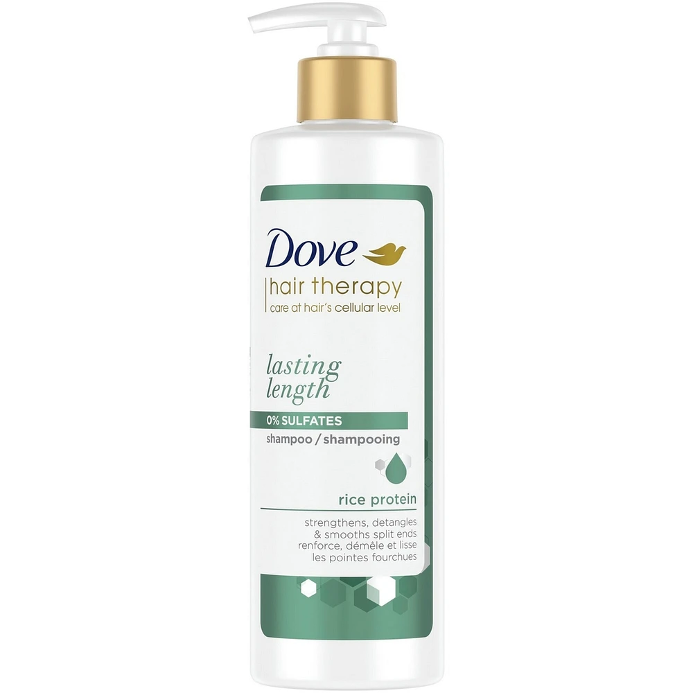 Shampooing pour démêler et lisser les pointes fourchues Dove Hair Therapy Lasting Length shampooing fortifiant pour cheveux endommagés avec protéine de riz