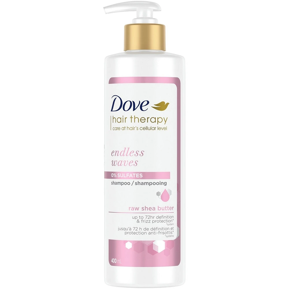 Shampooing pour cheveux ondulés Dove Hair Therapy Endless Waves shampooing hydratant avec beurre de karité brut pour jusqu'à72 h de définition