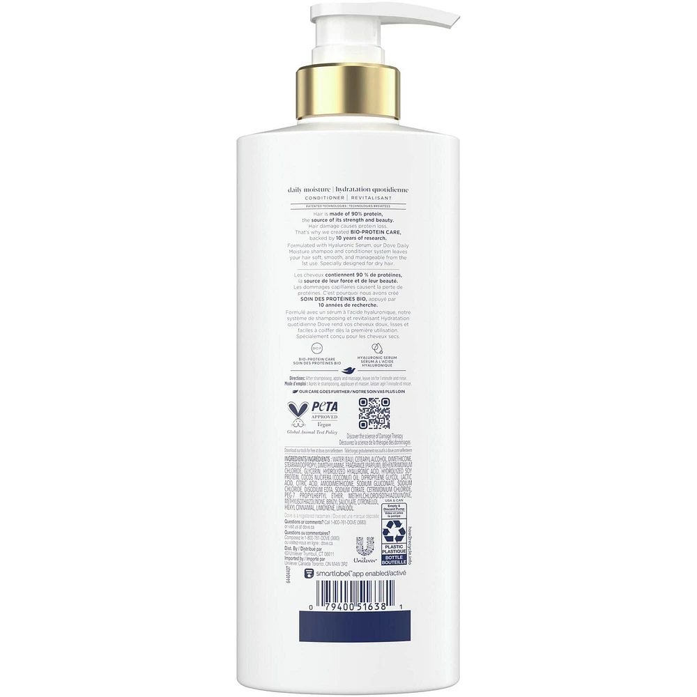 Revitalisant pour Cheveux Secs Dove Hydratation quotidienne avec Soin Protéine Liquide Bio et Sérum d'Acide Hyaluronique, 530 ML
