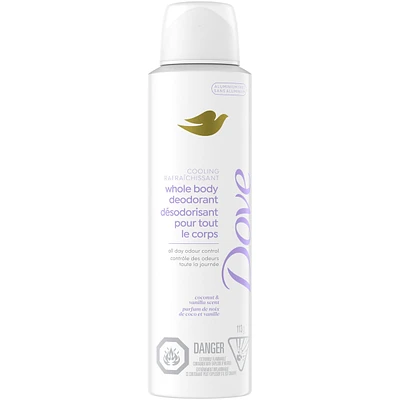 Dove Déodorant corporel entier sans aluminium en vaporisateur sec rafraîchissant, parfum noix de coco et vanille 72 heures de protection anti-odeurs 113 g