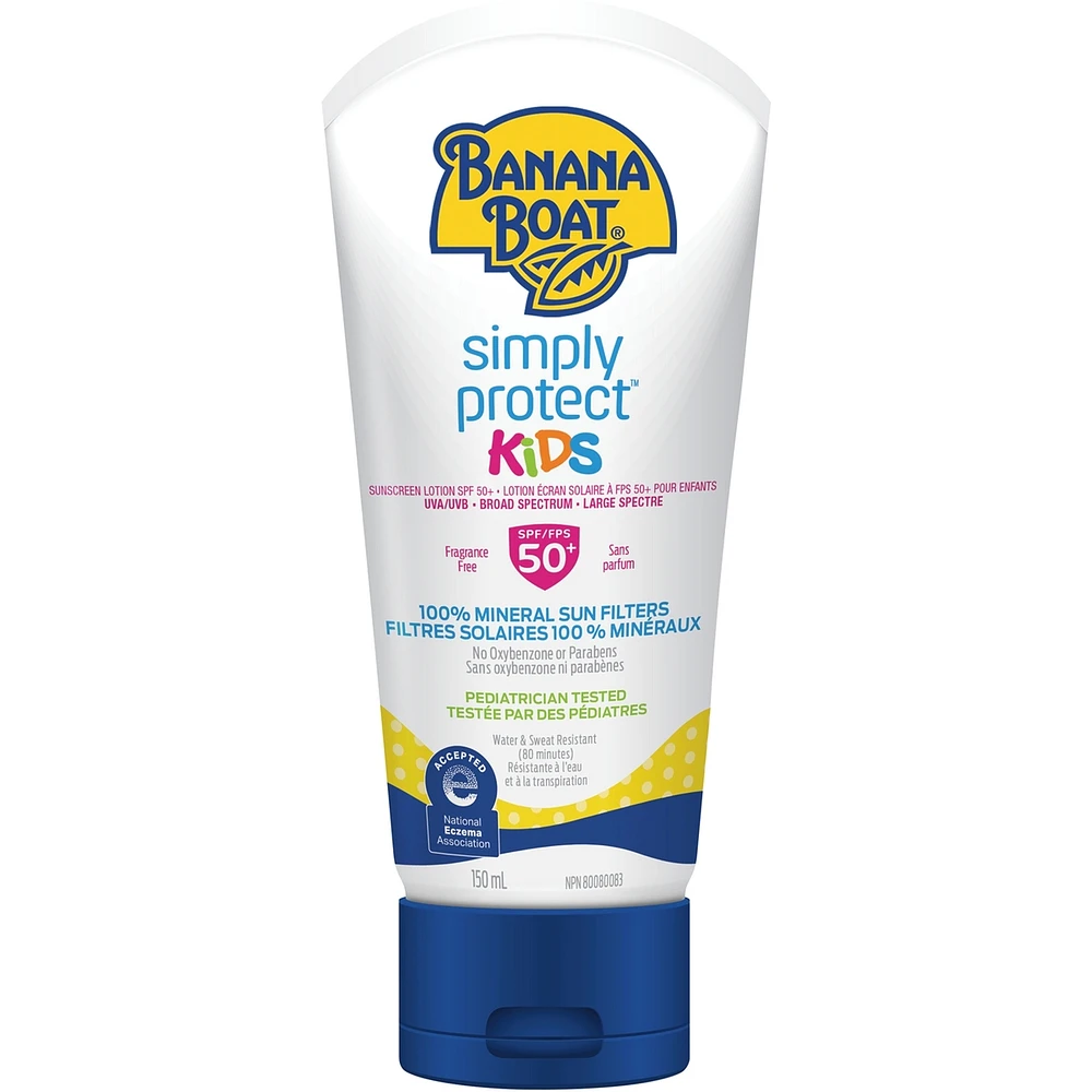 Lotion écran solaire Simply ProtectMC à FPS 50+ pour enfants à base de filtres minéraux de Banana BoatMD