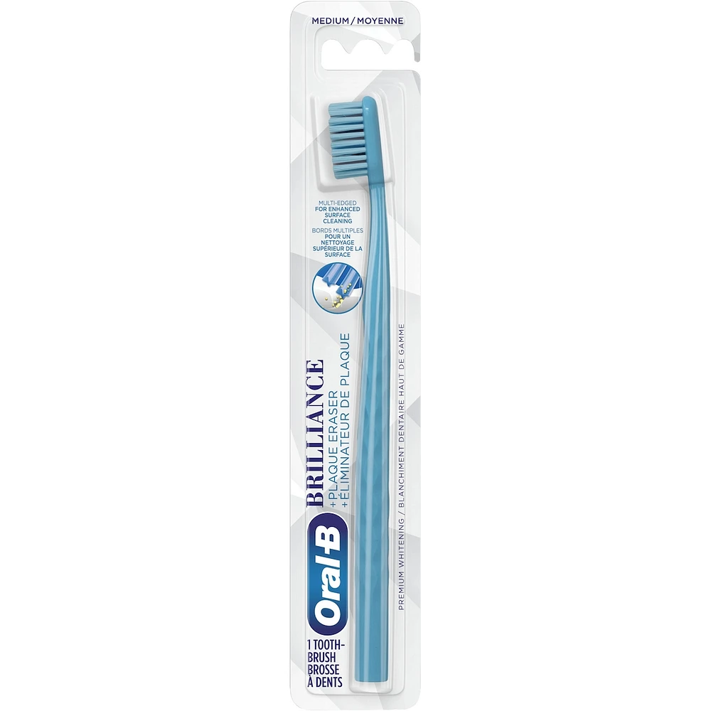 Brilliance Premium Whitening Toothbrush with Plaque Eraser, Medium, Sky Blue and Gray, 2 Count