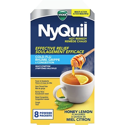 Remède chaud Nyquil, médicament contre le rhume, la grippe et la congestion, nuit, soulagement de la fièvre et des maux de tête, du mal de gorge, de la congestion nasale, de l’écoulement nasal et de la toux, action multiple, saveur miel citron
