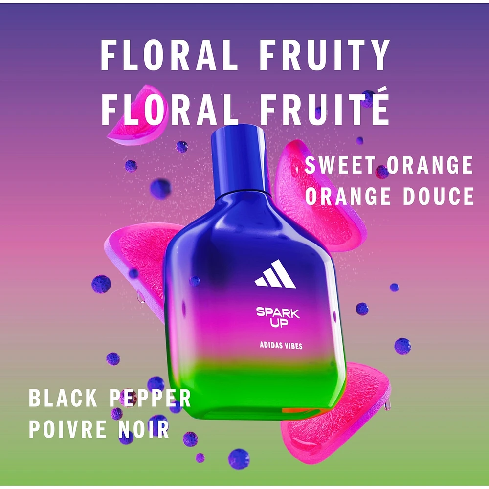 Eau de Parfum unisexe adidas Vibes Spark Up, énergisante et stimulante, parfum longue tenue, Orange Douce et Poivre Noir