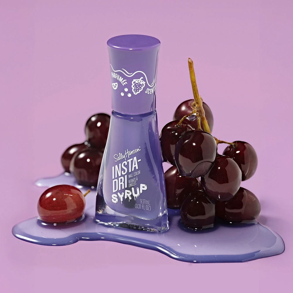 Insta-Dri® Syrup Nail Polish, 3-in-1 formula with a berry scent and built-in base top coat. 1 Stroke, Coat Done. Dries 60 seconds