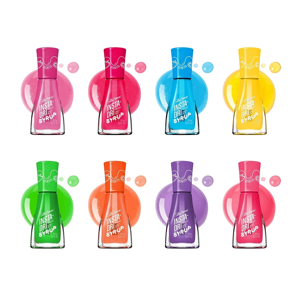 Insta-Dri® Syrup Nail Polish, 3-in-1 formula with a berry scent and built-in base top coat. 1 Stroke, Coat Done. Dries 60 seconds