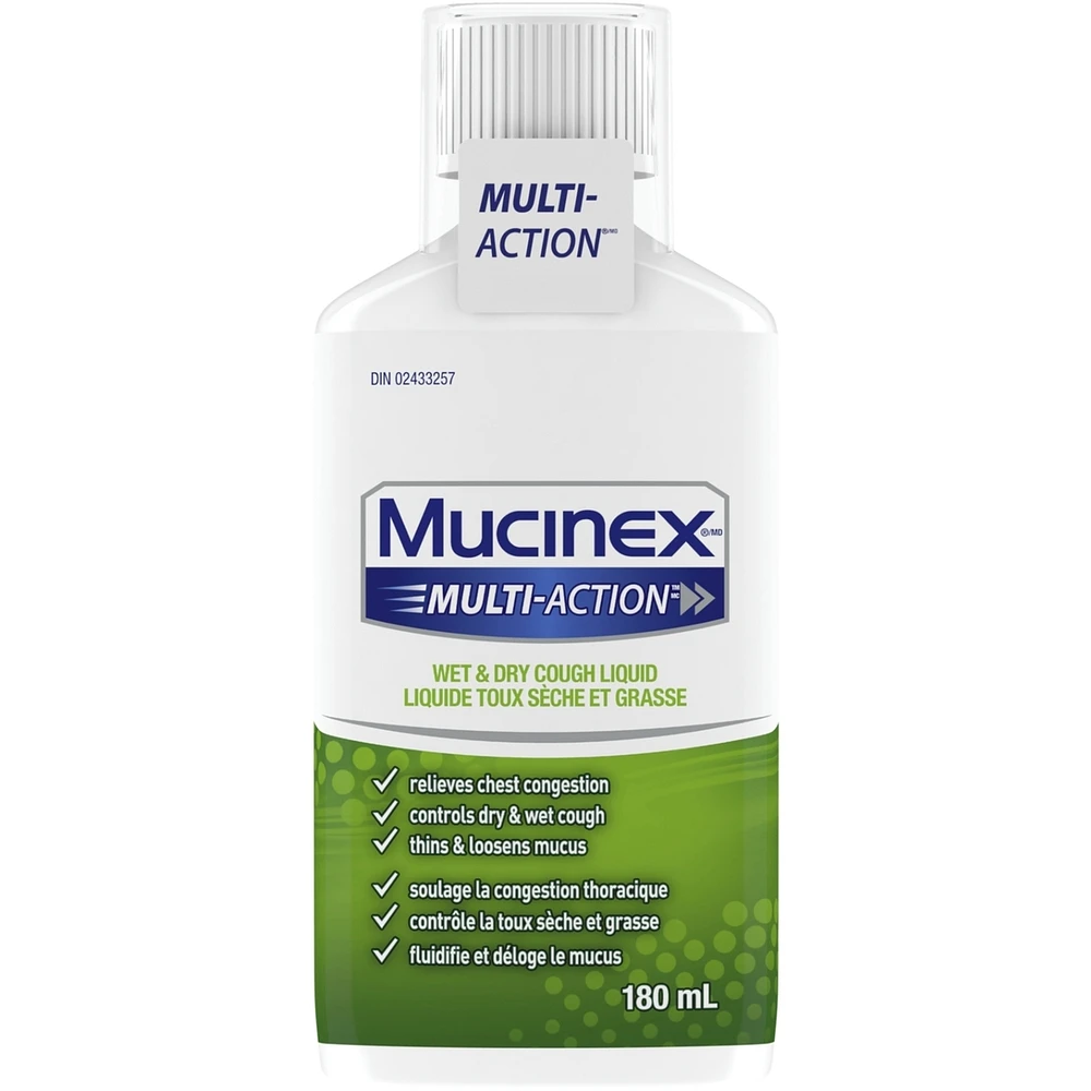 MUCINEX MULTI-ACTION Toux sèche et grasse en format liquide, 180 mL