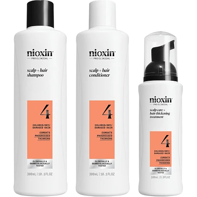 Soin épaississant du cuir chevelu et des cheveux Système 4 de Nioxin - pour cheveux colorés ou secs, endommagés et très clairsemés - Comprend un shampooing 300 mL, un revitalisant 300 mL et un soin du cuir chevelu 100 mL