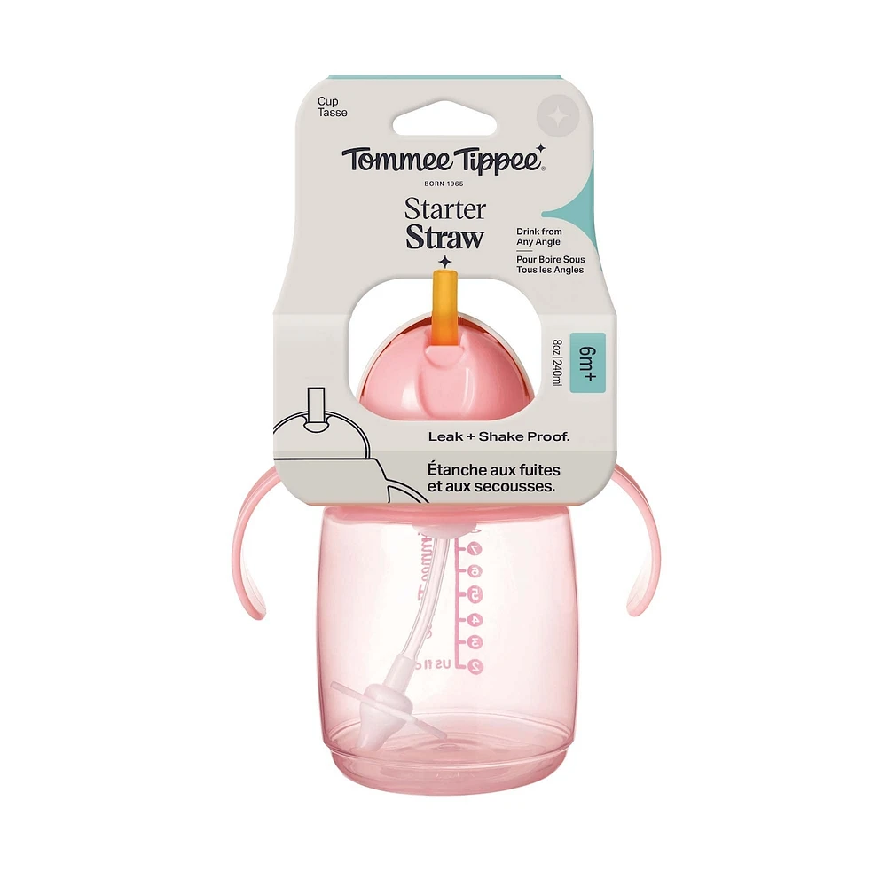 Tommee Tippee Starter Straw Cup, 8oz, Easy Transition Toddler Cup For 6 Months+, with Silicone Weighted Straw and Easy-Hold Handles, Pink, 1 count