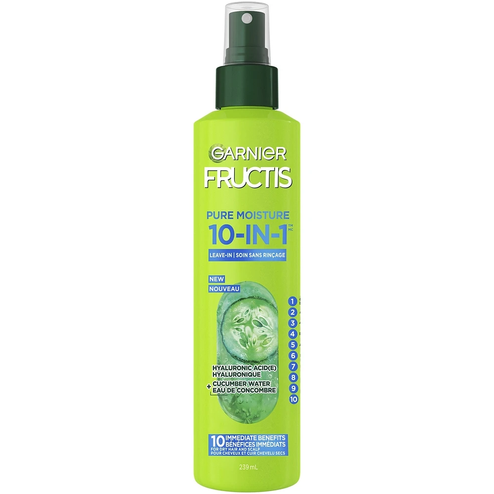 Fructis Pure Moisture 10-IN-1 Spray Sans Rinçage, pour Cheveux et Cuir Chevelu secs, avec Acide Hyaluronique et Eau de Concombre