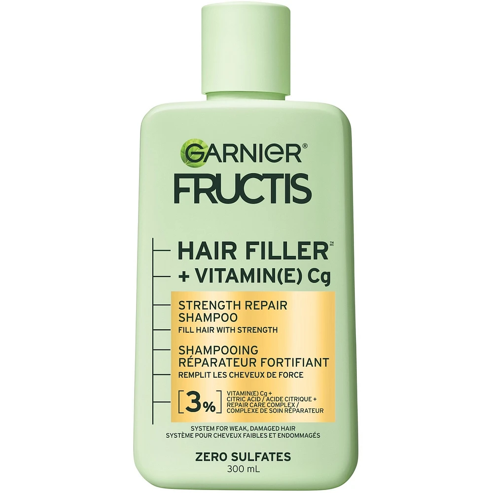 Fructis Hair Filler + Vitamine C Shampooing Sans Sulfates Réparateur et Fortifiant, pour Cheveux Faibles et Endommagés, Jusqu'à 4X Moins de Cassures & 79% de Force en Plus