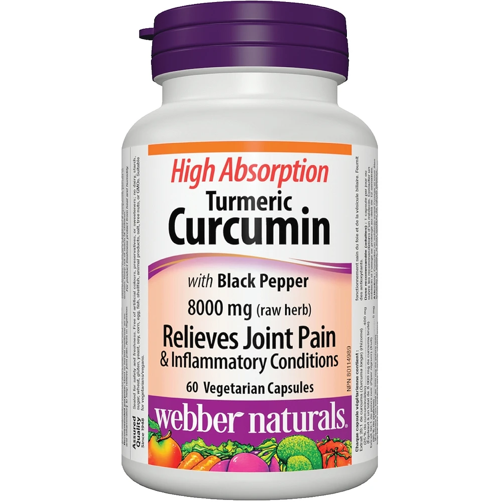 Curcumine de curcuma à absorption élevée avec poivre noir 8 000 mg (plante brute)