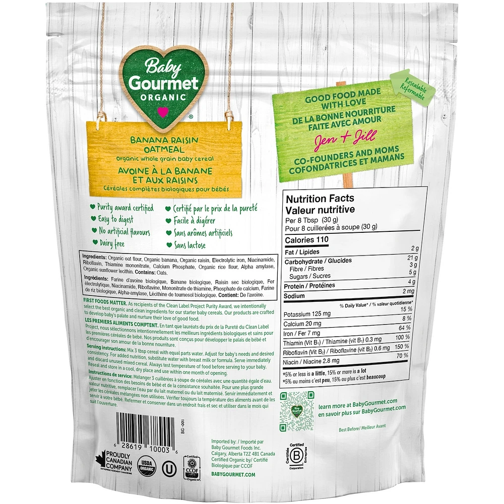 Céréales pour bébé biologiques avoine à la banane et aux raisins de Baby Gourmet