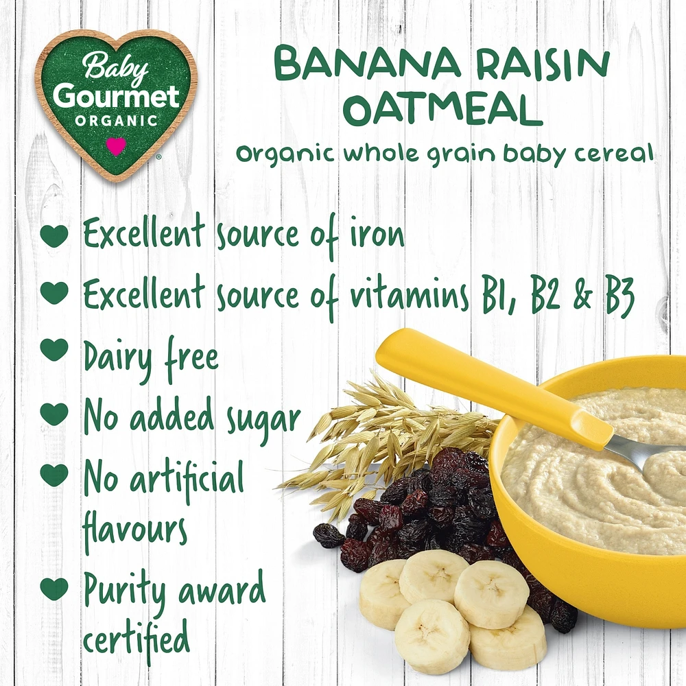 Céréales pour bébé biologiques avoine à la banane et aux raisins de Baby Gourmet