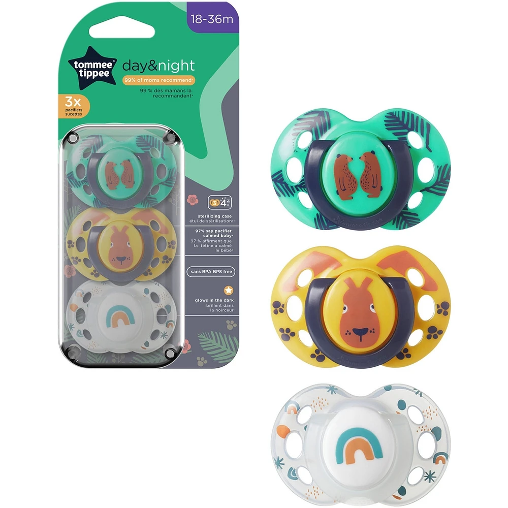 Sucette Tommee Tippee Fun Style et sucette Fun Style Night qui brille dans l'obscurité, conception symétrique, sans BPA, boîte de stérilisation incluse, 18-36 mois. Ensemble de 3 sucettes