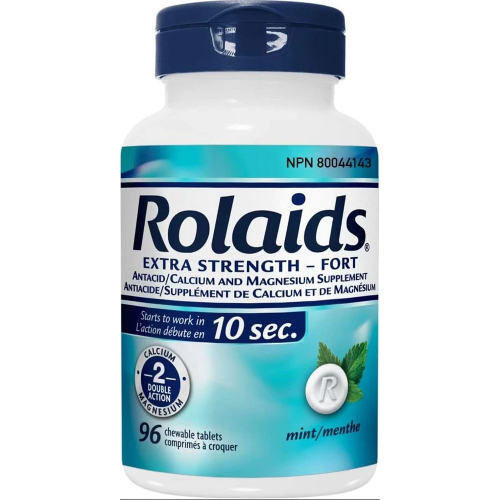 Antiacide Rolaids extra fort, saveur de menthe, soulagement rapide des brûlures d’estomac, 96 comprimés