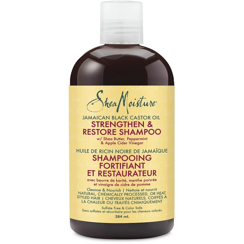 SheaMoisture Huile de Ricin Noire de Jamaïque Shampooing Fortifiant et Restaurateur pour cheveux abîmés avec beurre de karité, menthe poivrée et vinaigre de cidre de pomme nettoie et nourrit 384 ml