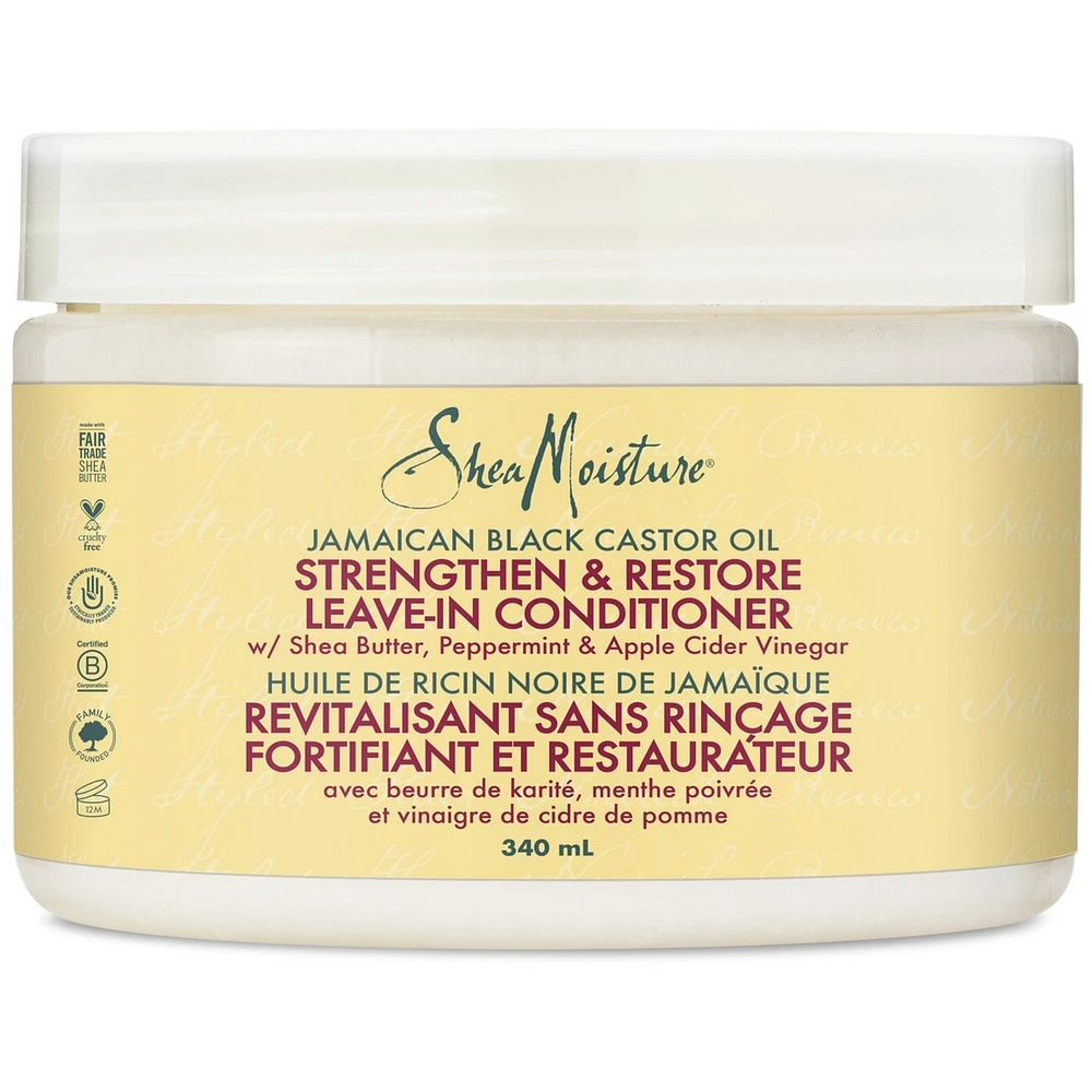 Renforcer et restaurer le revitalisant sans rincé pour les cheveux secs Huile de ricin noire jamaïcaine avec du beurre de karité, de la menthe poivrée et du vinaigre de cidre de pomme 340 ml