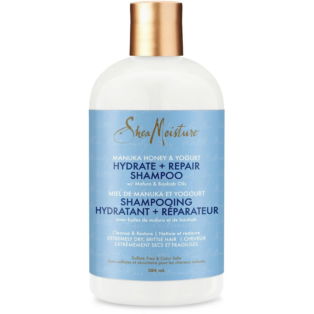 SheaMoisture Miel de Manuka et Yogourt Shampooing Hydratant et Réparateur sans sulfates pour cheveux bouclés et ondulés endommagés avec huiles de mafura et de baobab 384 ml